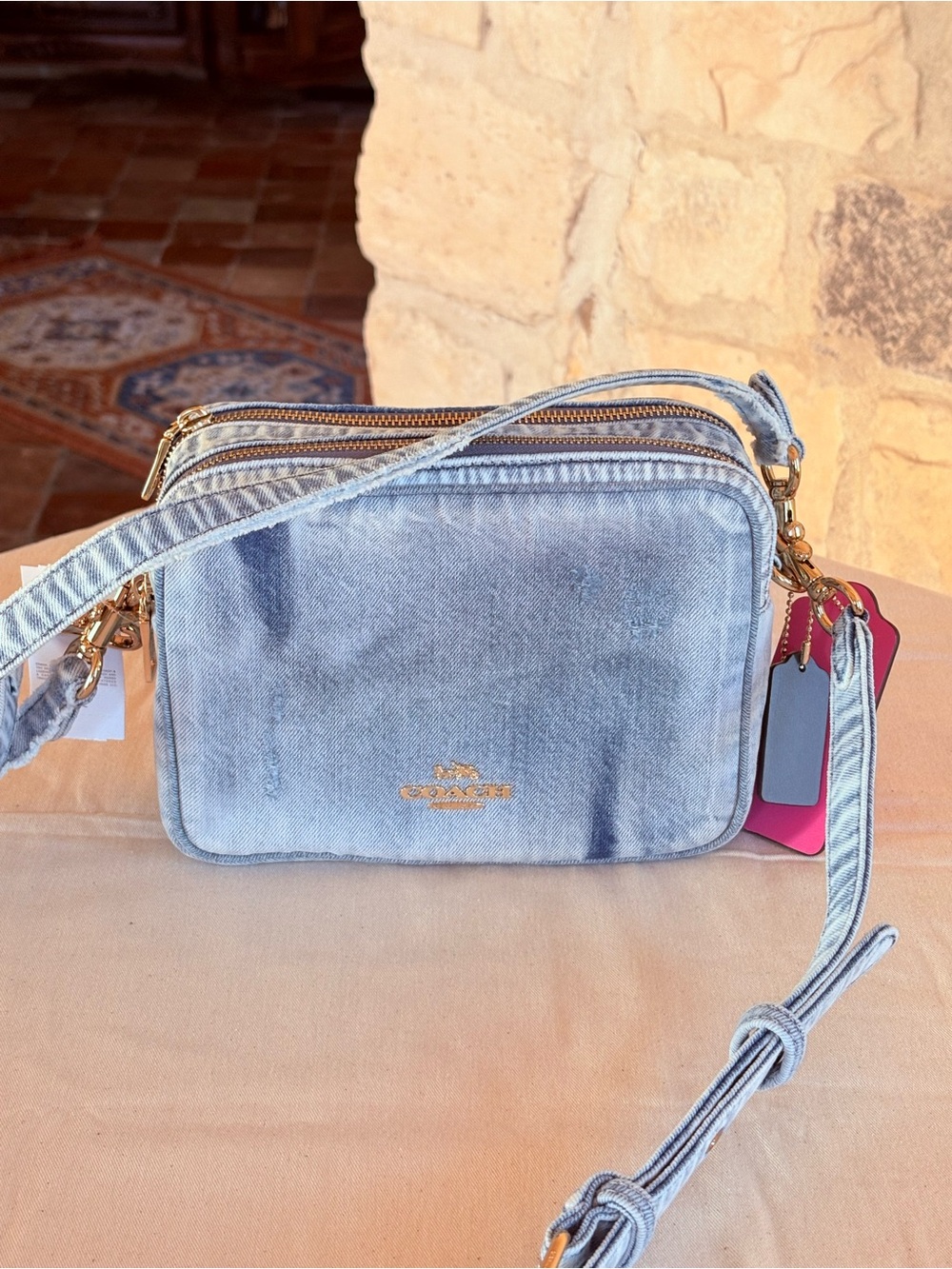 Coach Light Blue Denim Crossbody Camera Bag with Pink Tag